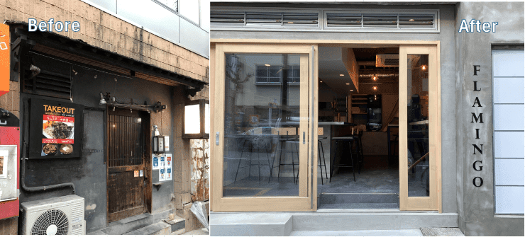 店舗改装前後の比較画像:Beforeは古い木製のドアとTAKEOUTの看板がある外観、AfterはFLAMINGOという店名が入ったモダンなガラスドアのエントランス