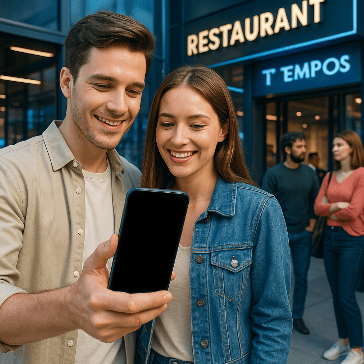 スマホ画面を一緒に見て笑顔を浮かべる若い男女のカップル。