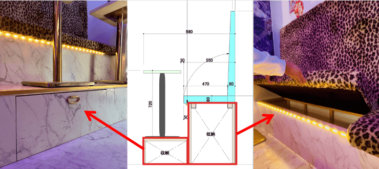 ヒョウ柄の収納付きベンチと、その設計図に描かれた収納スペースの寸法図。