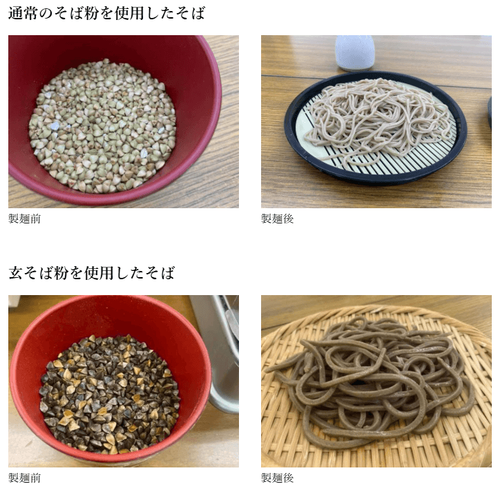 製麺前後のそば粉とそば（通常のそば粉と玄そば粉）