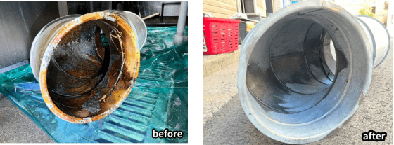 金属製の換気ダクトのビフォーアフター比較画像で、左の「before」はひどい油汚れと汚れが付着しており、右の「after」はきれいに清掃され、新品同様に輝いています。