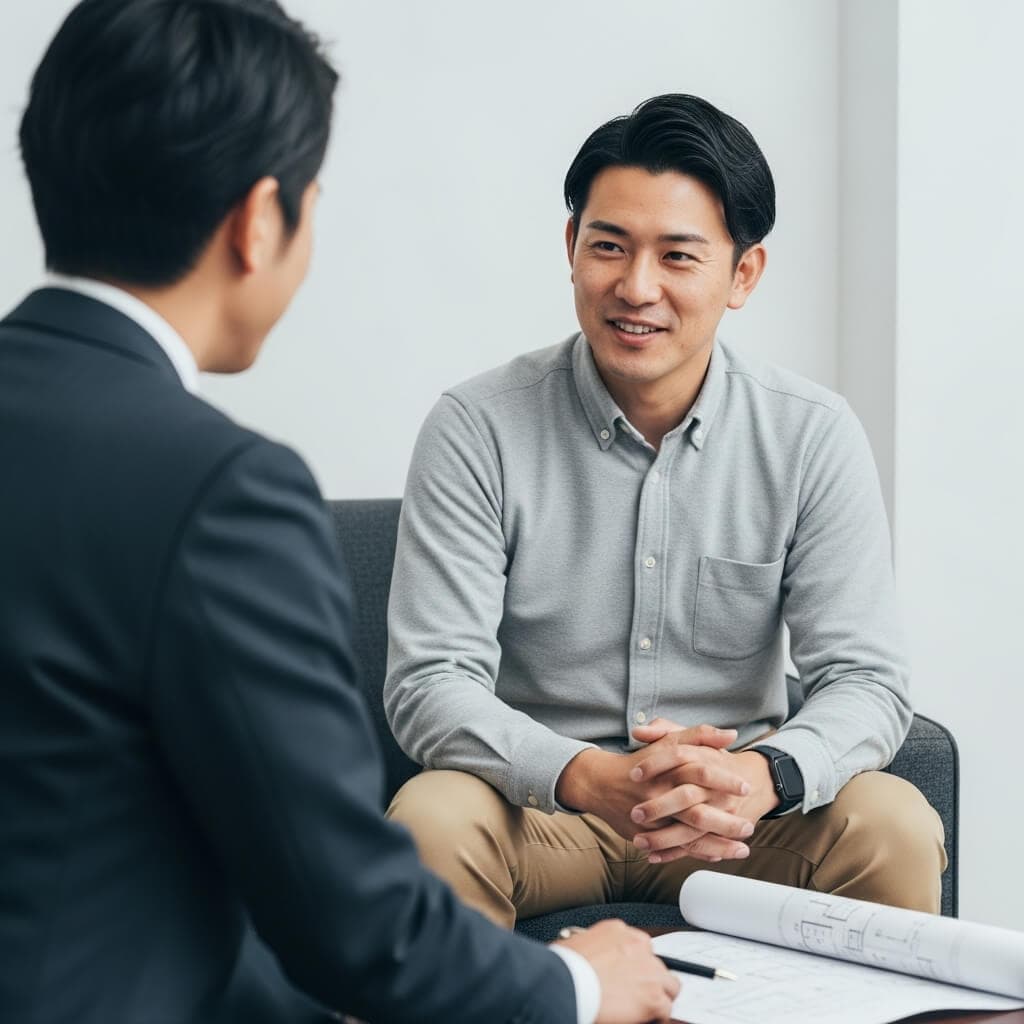 スーツ姿の男性と私服の男性が向かい合って話している様子