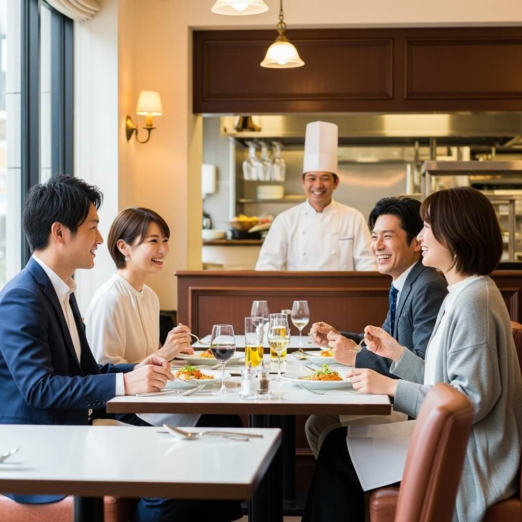 シェフが立つオープンキッチンを背景に、レストランで食事を楽しむ4人の男女が写っています。