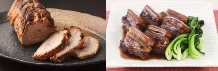 皿に盛り付けられたチャーシューと、チンゲン菜が添えられた豚の角煮の写真。