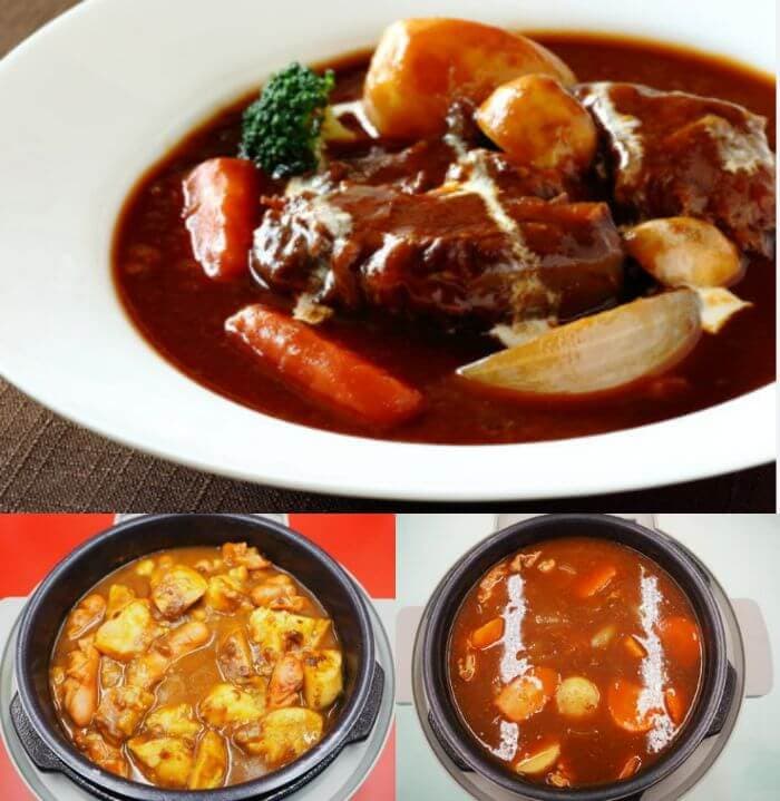 具材がたくさん入ったビーフシチューと、鍋で煮込まれているカレーの写真。