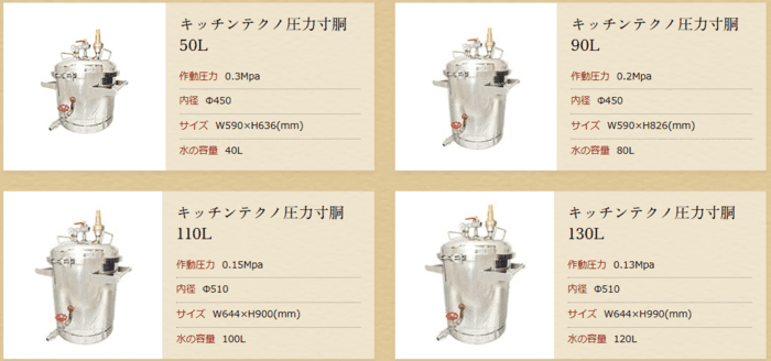 50L、90L、110L、130Lの4種類の圧力寸胴鍋の製品画像と、それぞれの仕様が記載された画像。