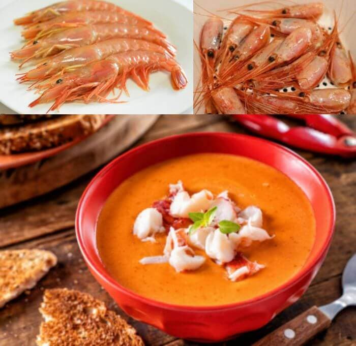 皿に並べられた海老と、海老のビスクスープの写真。