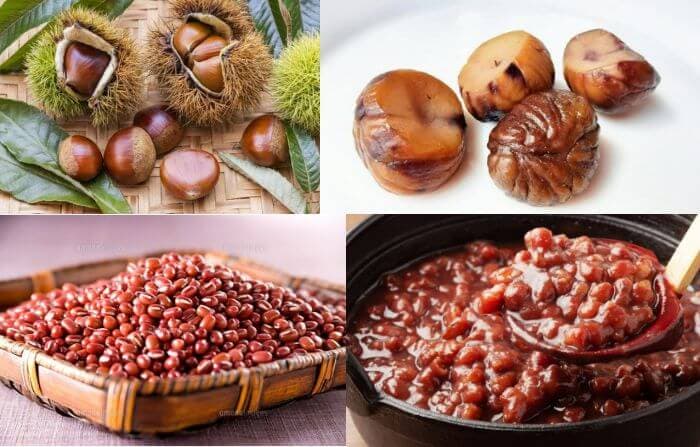 栗と甘栗の写真、そして小豆とあんこの写真が4分割で配置された画像。