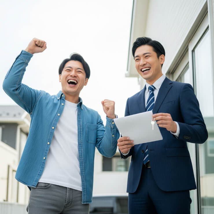 新しい家を購入し、鍵を受け取ってガッツポーズをする男性と、書類を持って隣で笑う不動産業者。