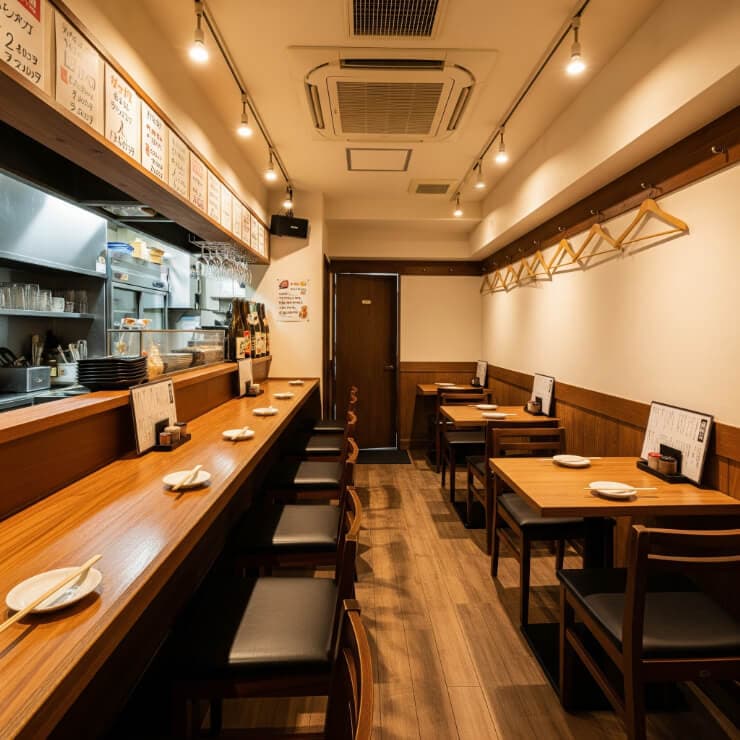 木製のカウンターとテーブル席が並ぶ、日本の居酒屋。壁にはメニューが貼られている。