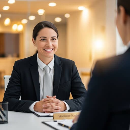 スーツ姿の女性が麺背うを受けている