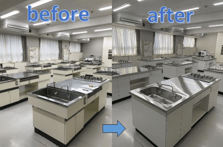 調理実習室のビフォーアフター。古い調理台から新しく洗練された調理台にリフォームされた様子がわかります。
