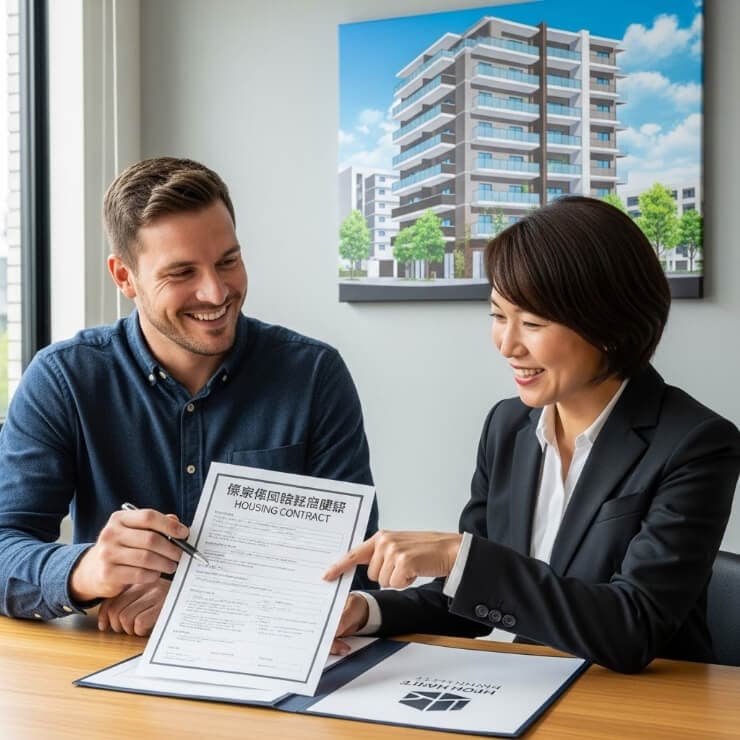 男女がデスクで向き合い、笑顔で契約書の内容を確認しています。協力的で友好的なビジネスのやりとりを表現しています。