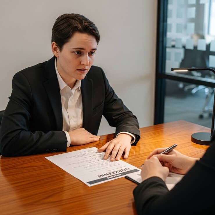 スーツを着た男性が、真剣な表情で面接を受けている様子です。就職やキャリアに関する重要な場面を捉えています。