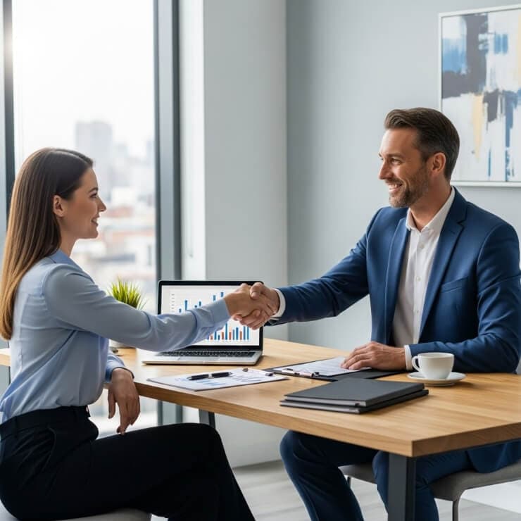 ビジネスの場で、2人の男女が笑顔で握手を交わしている様子です。信頼関係や合意が成立したことを示唆しています。