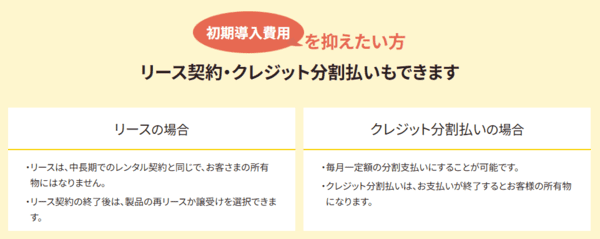 「初期導入費用を抑えたい方」という見出しの下に、リース契約とクレジット分割払いの説明が書かれています。