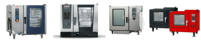 「スチコン」とも呼ばれる業務用コンビオーブンの4つの異なるモデルを組み合わせた画像集です。ステンレス製、青、赤など様々なサイズと色のモデルが写っています。