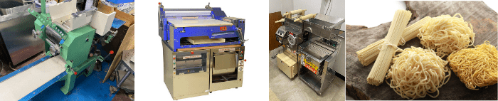 3つの異なる業務用の製麺機と、作られたばかりの生麺のクローズアップを組み合わせた画像集です。機械はラーメンなどの麺を作るための大型の業務用機器です。