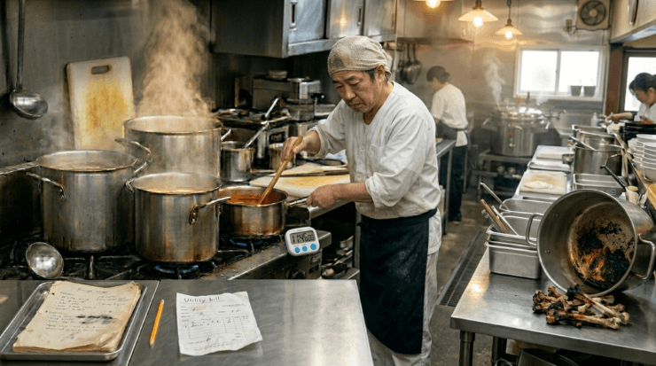 湯気が立ち込めるラーメン店の厨房で、白い調理服を着た職人がガスコンロの上の寸胴鍋を木べらでかき混ぜている様子。手前の作業台にはタイマーや書類、右側の台には焦げ付いた鍋とダシを取り終えた多くの骨が置かれている。
